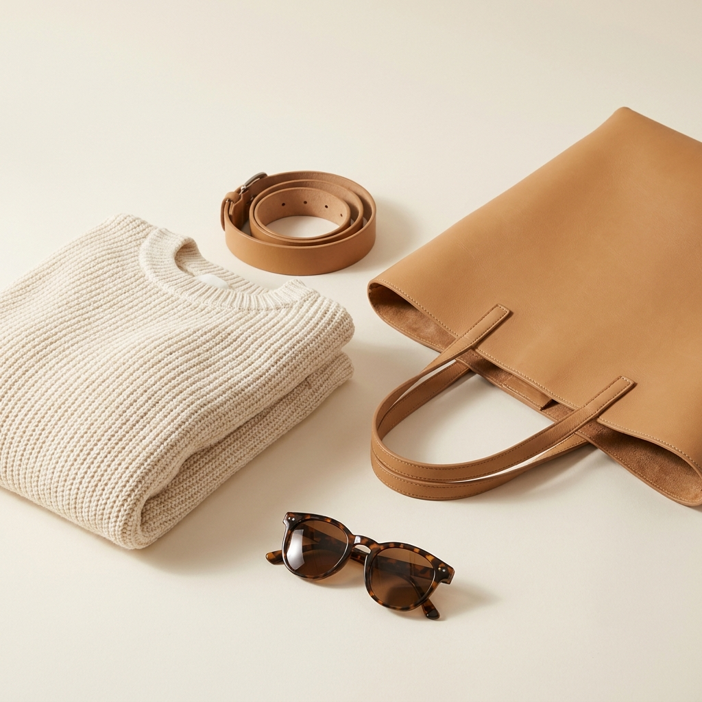 Knit sweater, leather belt, tote bag and sunglasses flat-lay
