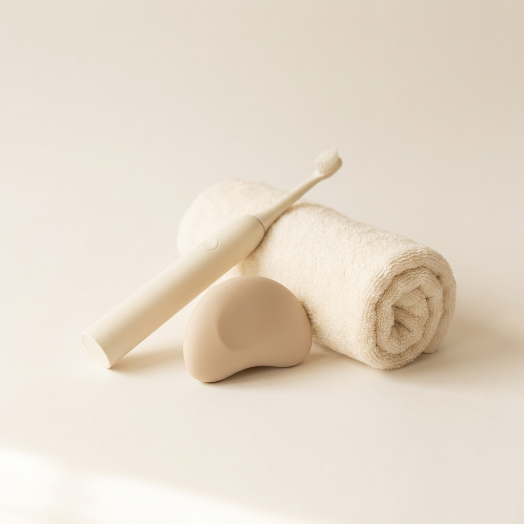 Electric toothbrush, facial massager and rolled towel still-life