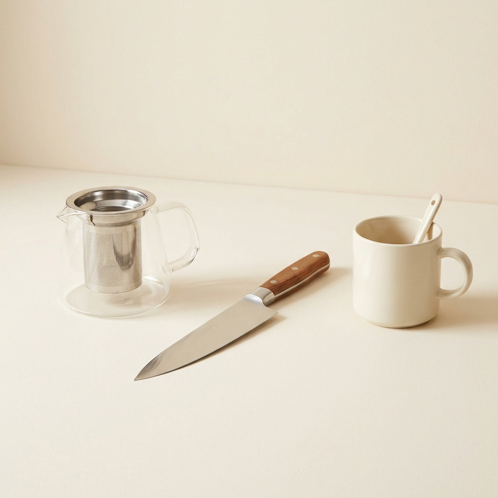 Glass tea infuser, steel knife and ceramic mug still-life