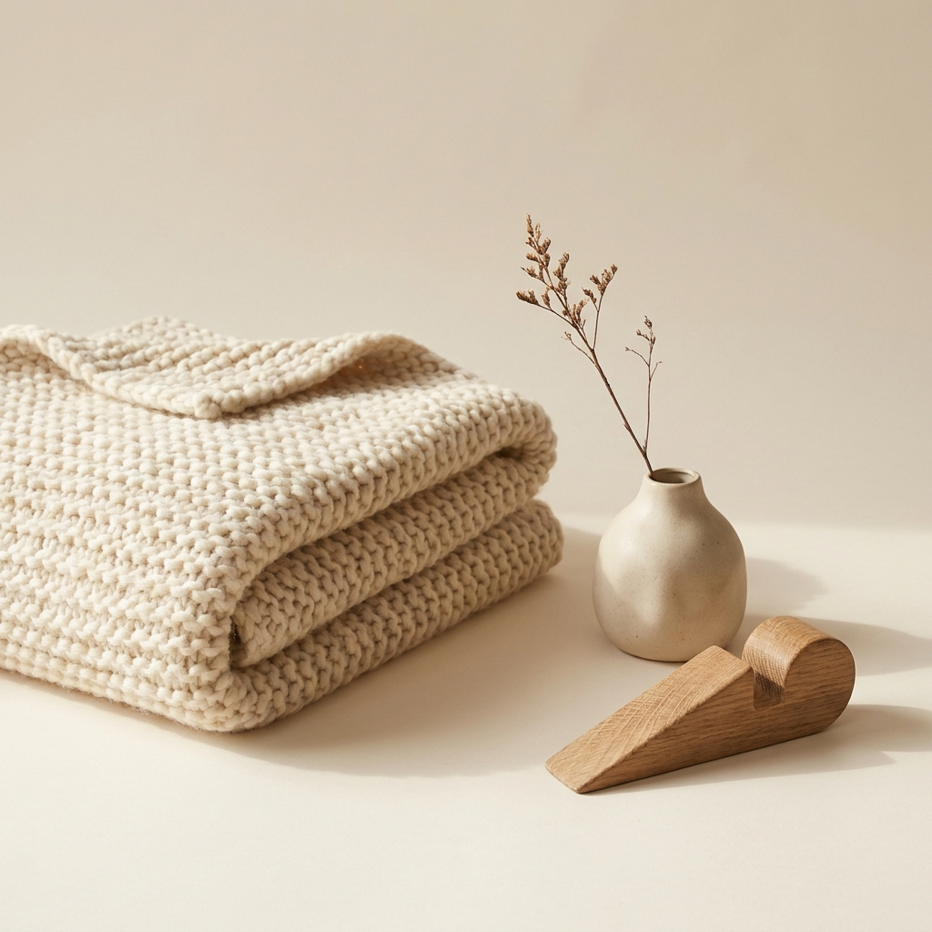 Knit throw blanket, ceramic vase and wooden door stop still-life