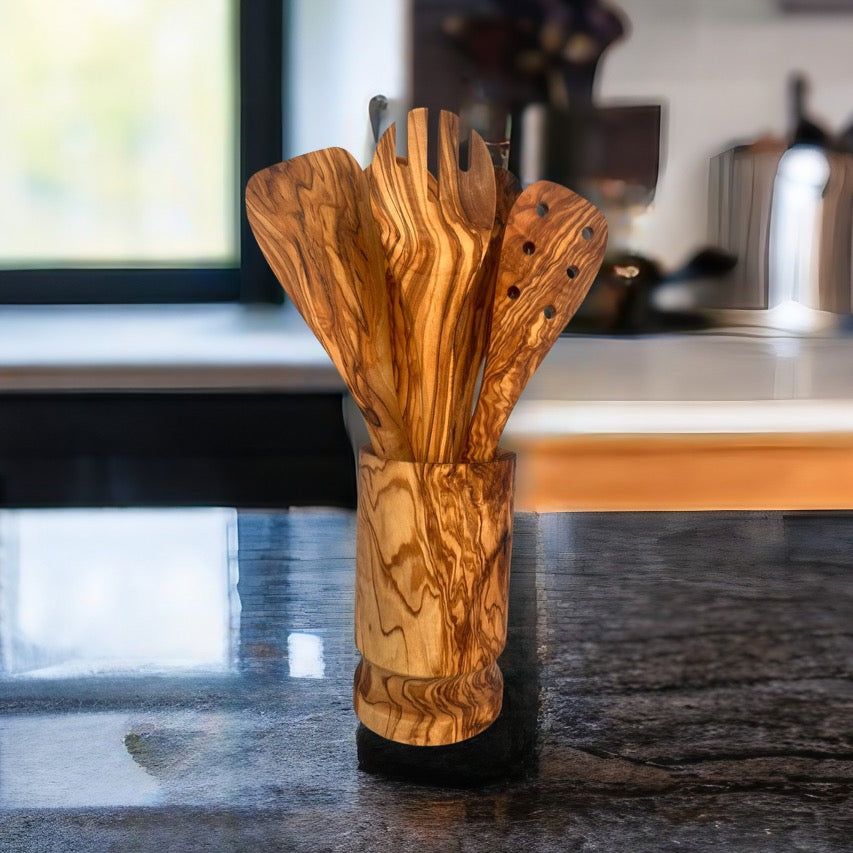 Olive Wood Serving Utensil Set with Holder