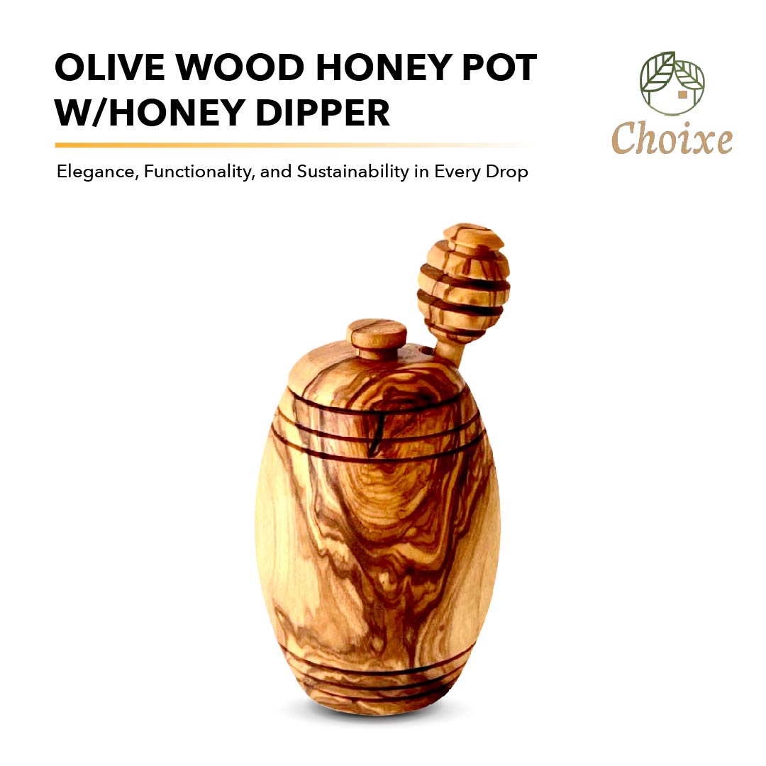 Olive Wood Honey Pot with Dipper and Lid