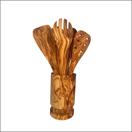 Olive Wood Serving Utensil Set with Holder