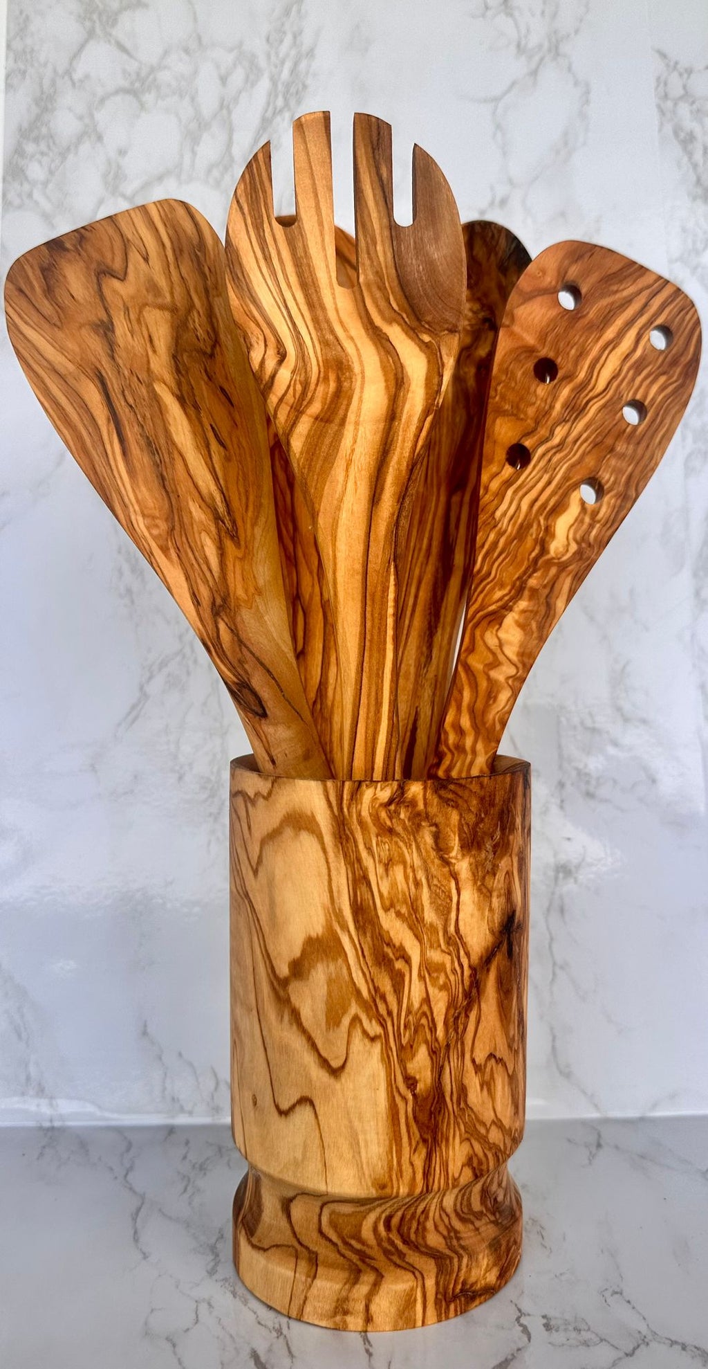 Olive Wood Serving Utensil Set with Holder