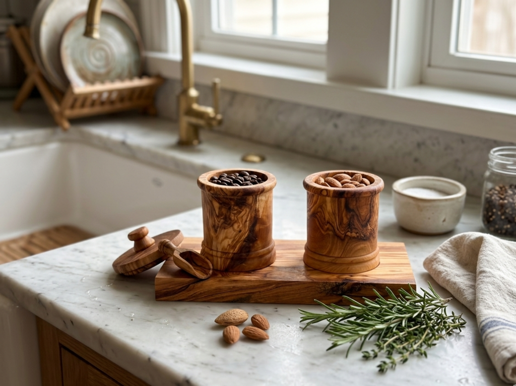 Olive Wood Kitchen Canister Set with Base