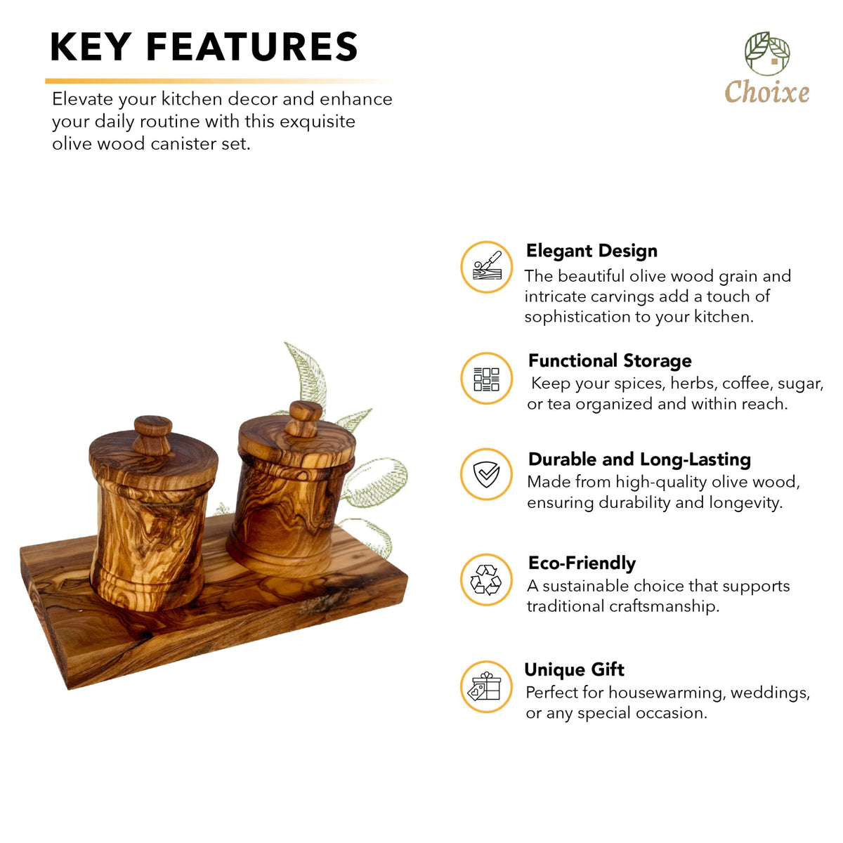 Olive Wood Kitchen Canister Set with Base