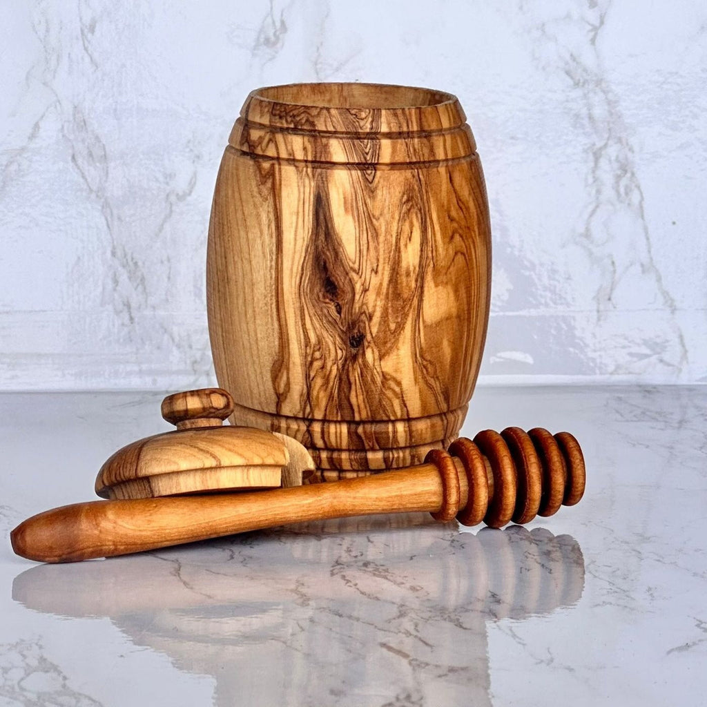 Olive Wood Honey Pot with Dipper and Lid