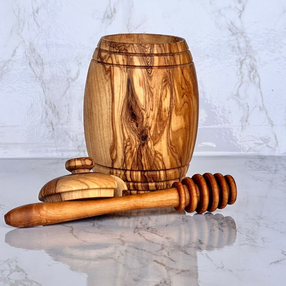 Olive Wood Honey Pot with Dipper and Lid