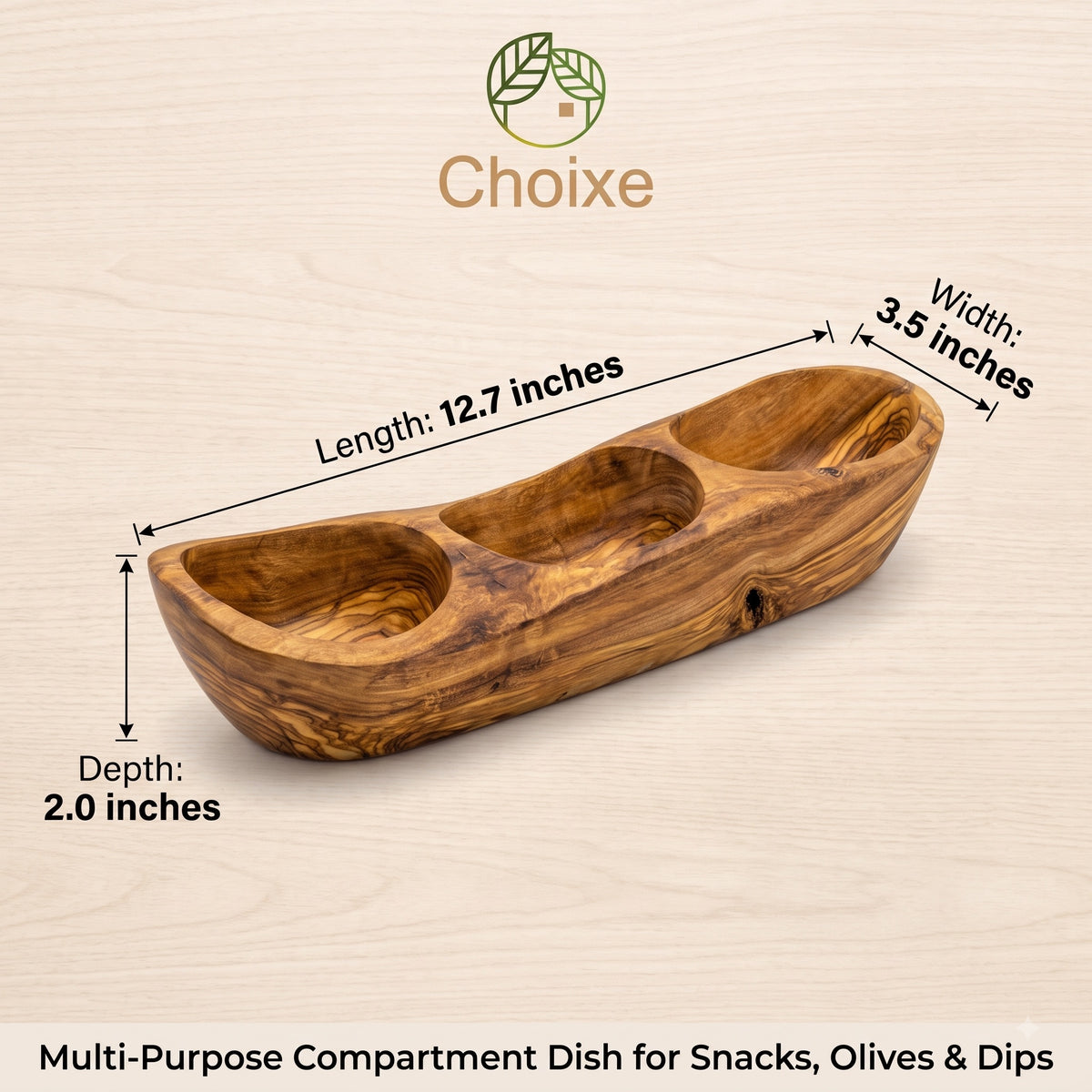 Olive Wood Serving Tray with 3 Compartments