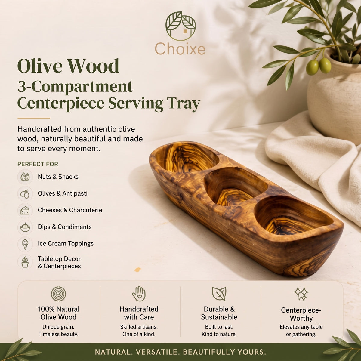 Olive Wood Serving Tray with 3 Compartments