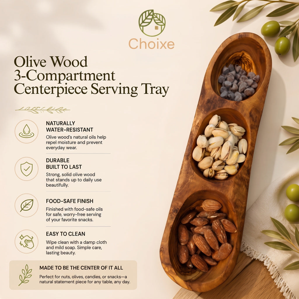 Olive Wood Serving Tray with 3 Compartments