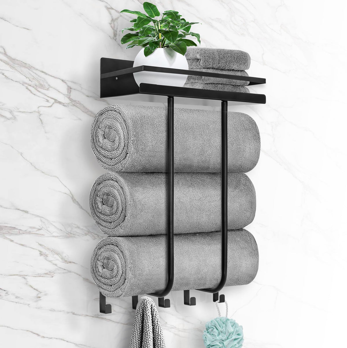 Wall Mounted Towel Rack with Shelf and 5 Hooks