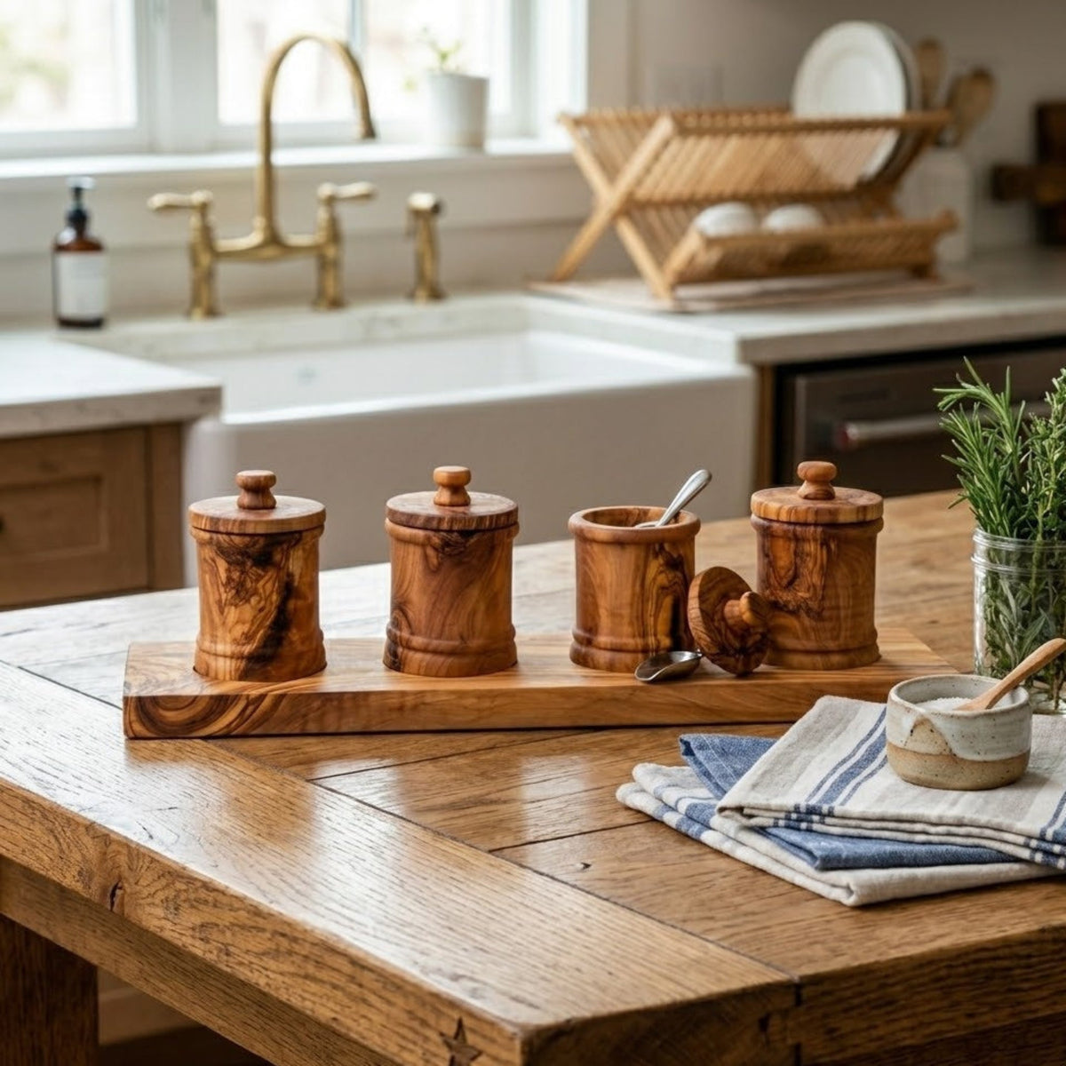 Olive Wood Kitchen Canister Set with Base