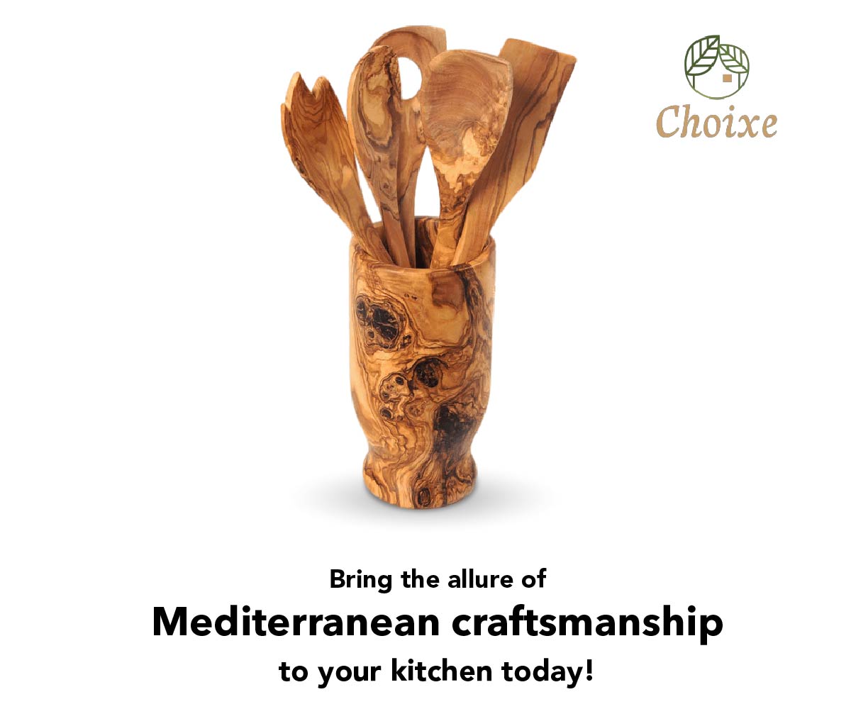 Olive Wood Serving Utensil Set with Holder