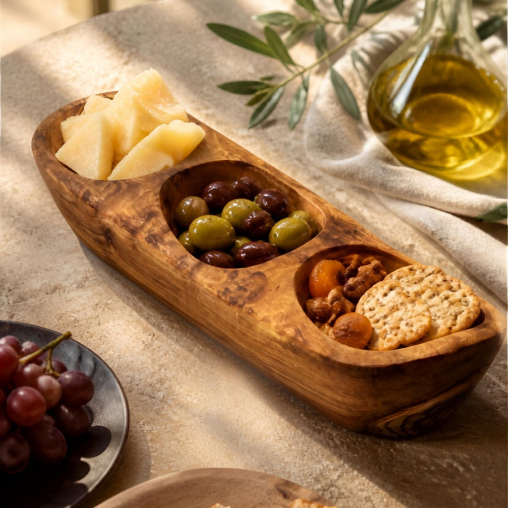 Olive Wood Serving Tray with 3 Compartments
