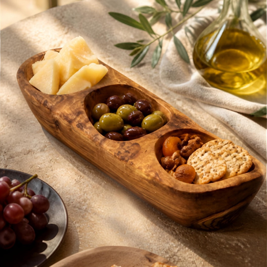 Olive Wood Serving Tray with 3 Compartments