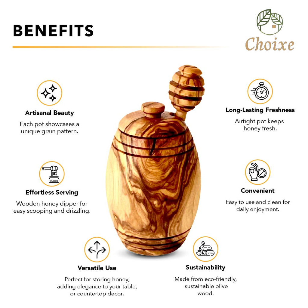 Olive Wood Honey Pot with Dipper and Lid