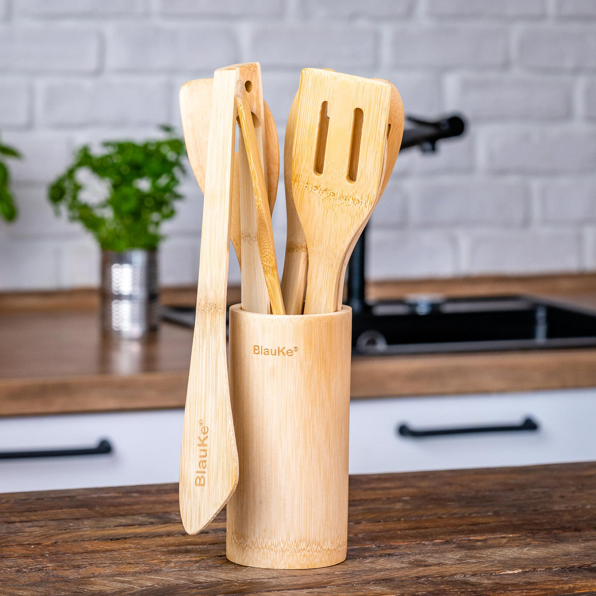 Bamboo Kitchen Utensil Set with Holder