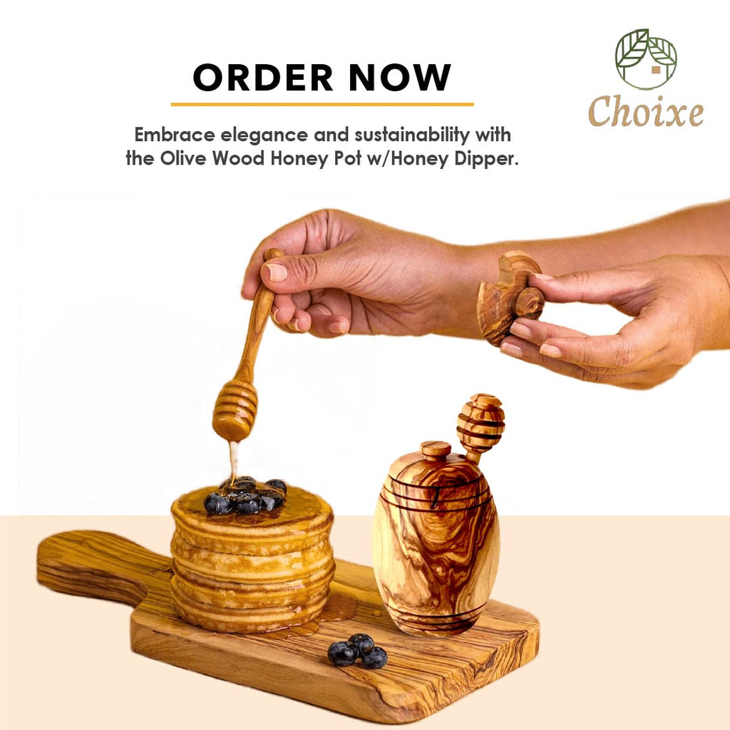 Olive Wood Honey Pot with Dipper and Lid