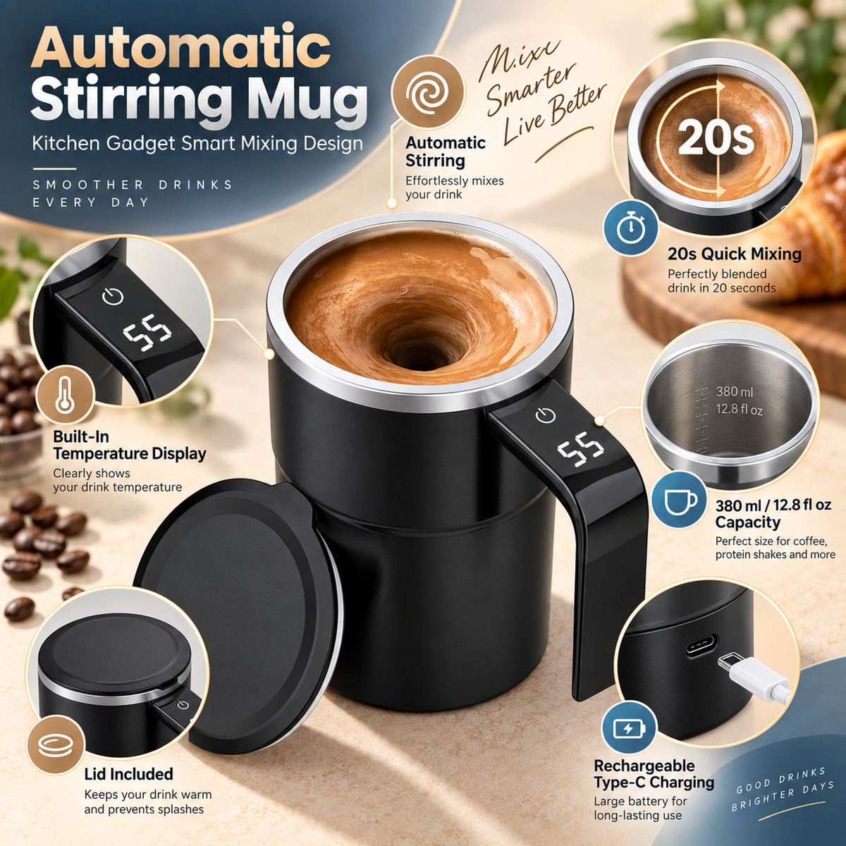 Automatic Stirring Mug Kitchen Gadget Smart Mixing Design