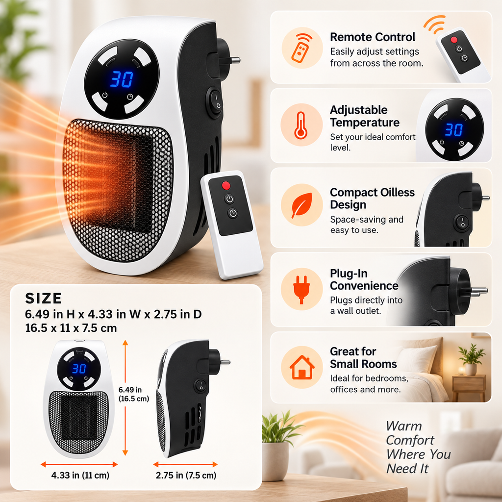 Electric Space Heater Remote Control Compact Oilless
