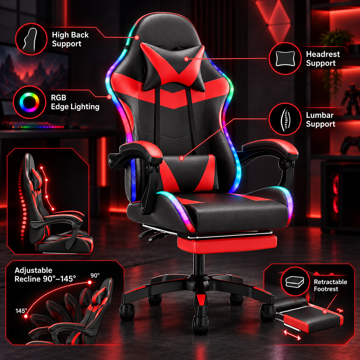 High Back Gaming Chair Rgb Recline Headrest Lumbar Support