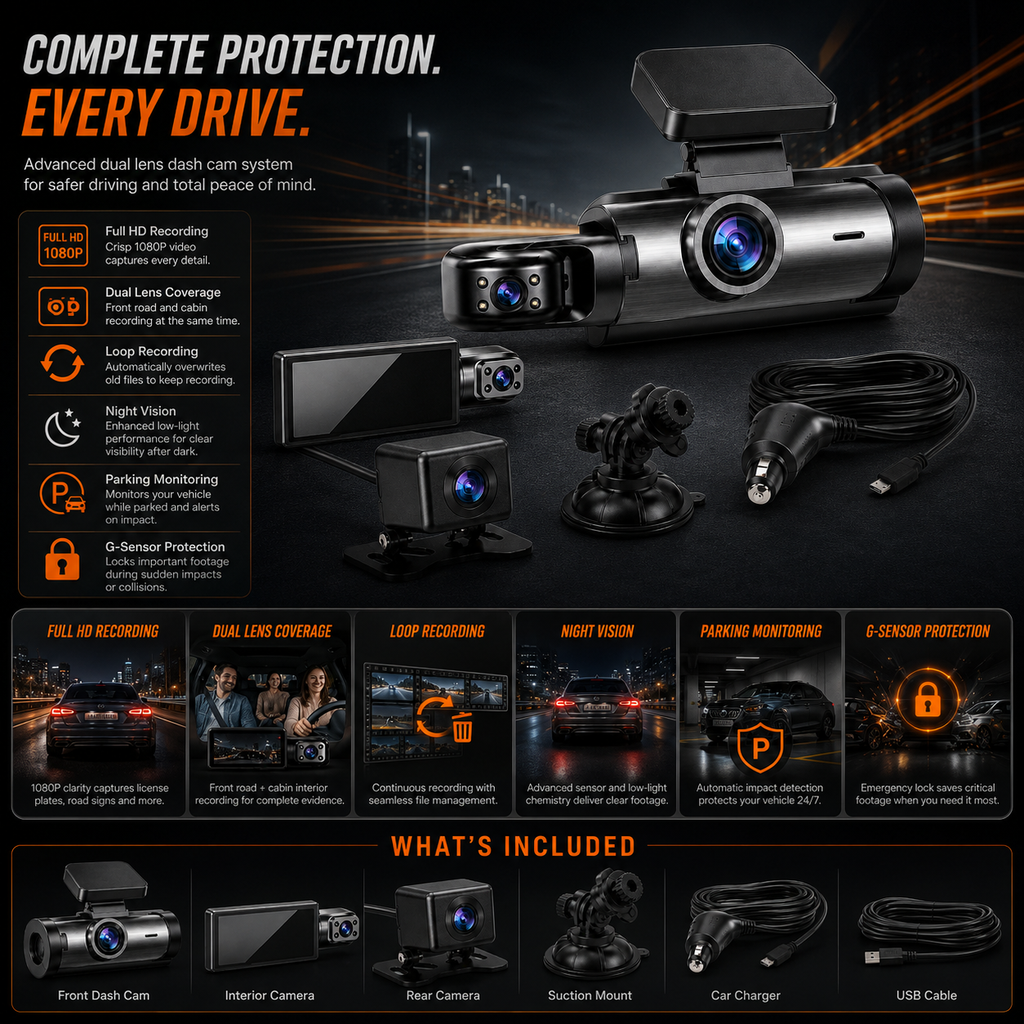 Multi Channel Dash Cam Full HD Loop Recording Dual Lens