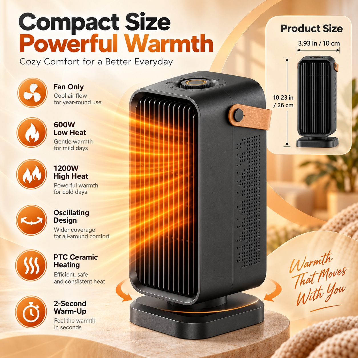 Portable Electric Heater Space Oscillating Compact