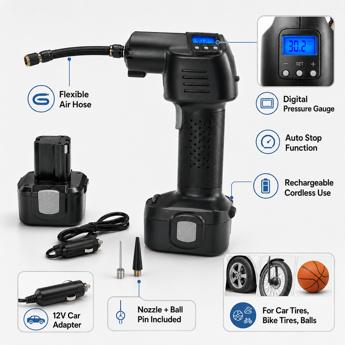Portable Tire Inflator Rechargeable Digital Cordless Gauge