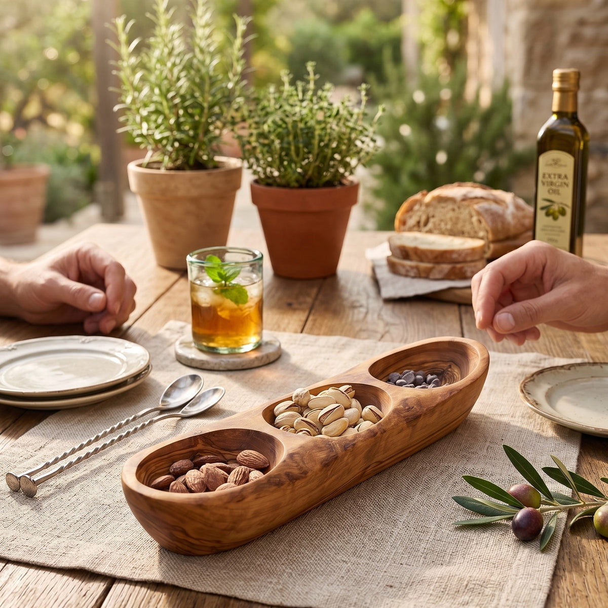 Olive Wood Serving Tray with 3 Compartments