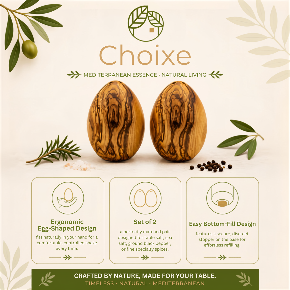 Olive Wood Salt and Pepper Shakers Set