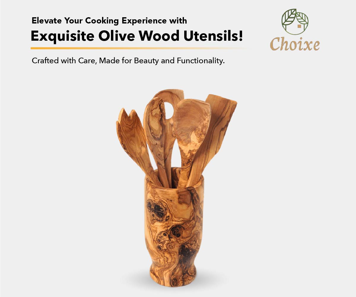 Olive Wood Serving Utensil Set with Holder