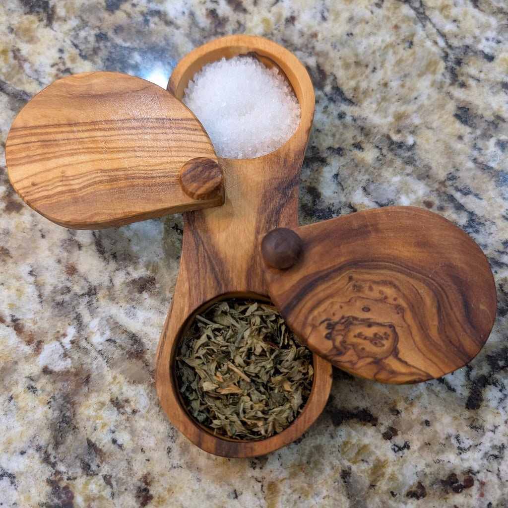 Olive Wood Spice Box with Swivel Lids