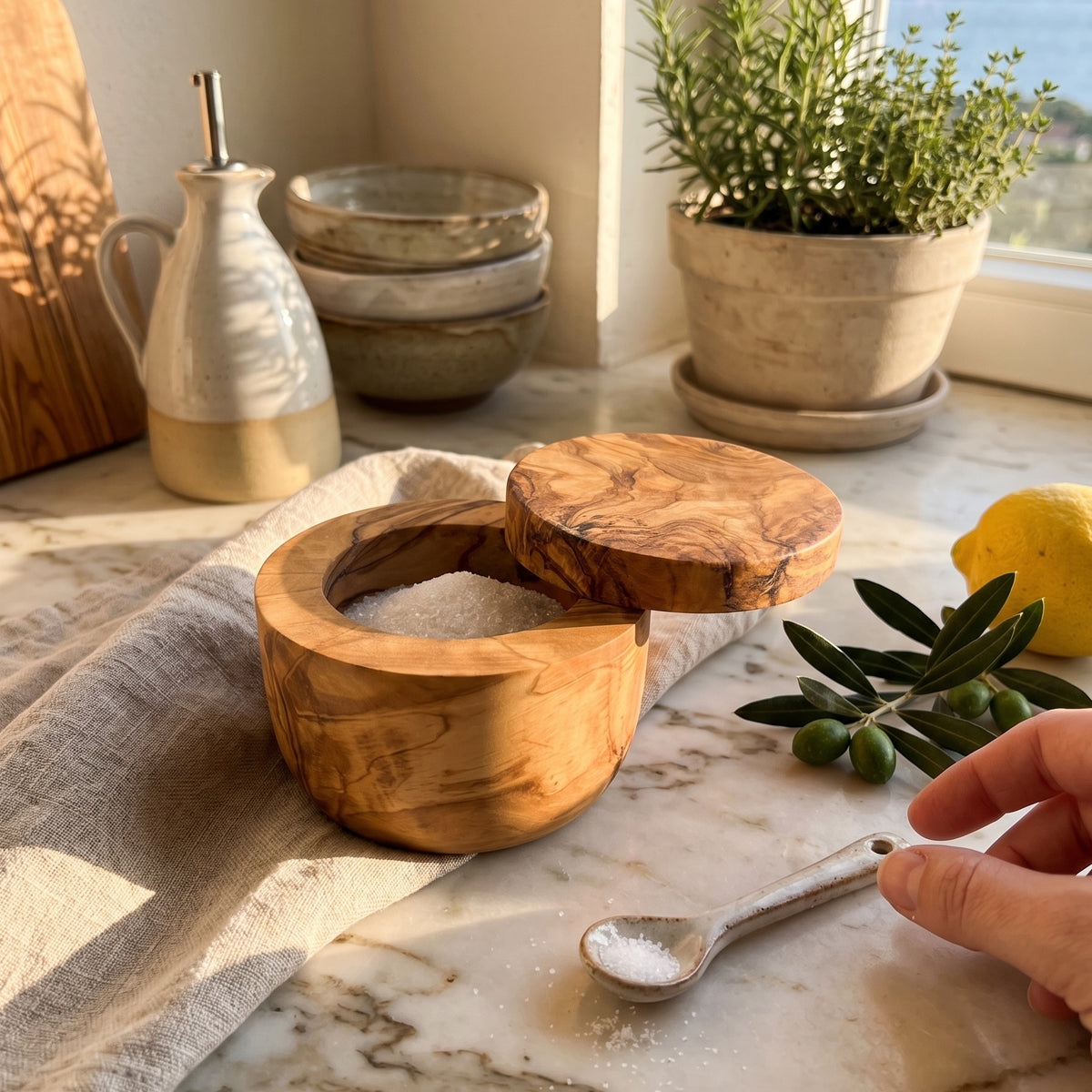 Olive Wood Salt Cellar with Swivel Lid
