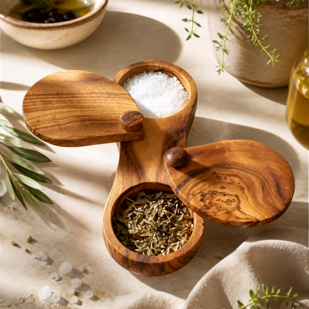 Olive Wood Spice Box with Swivel Lids