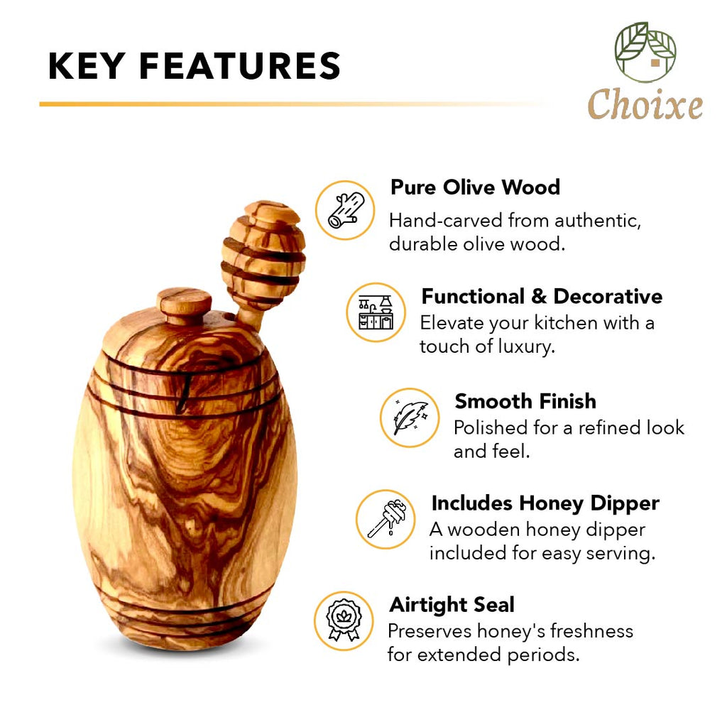 Olive Wood Honey Pot with Dipper and Lid