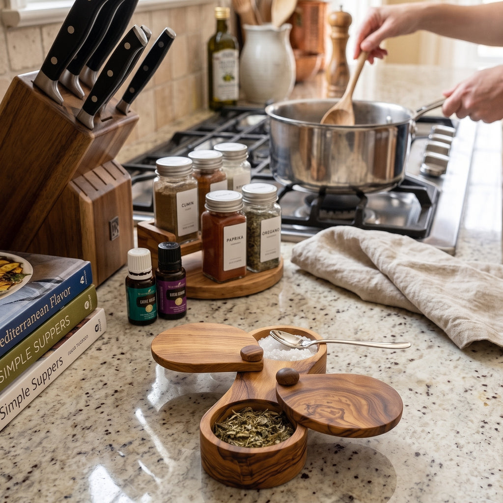 Olive Wood Spice Box with Swivel Lids