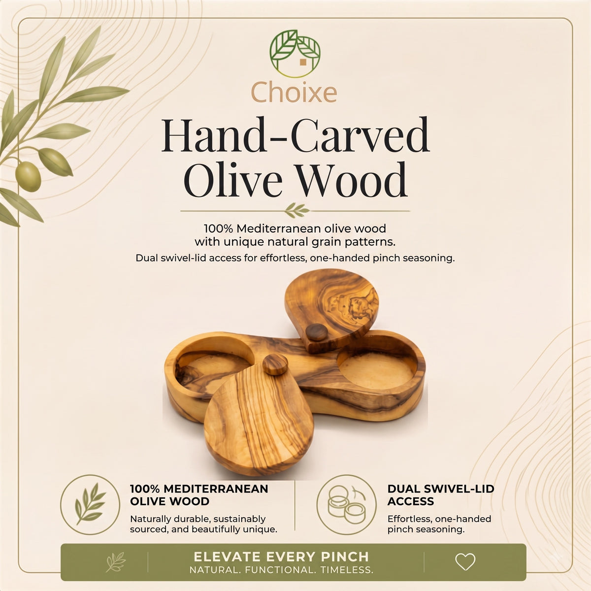 Olive Wood Spice Box with Swivel Lids