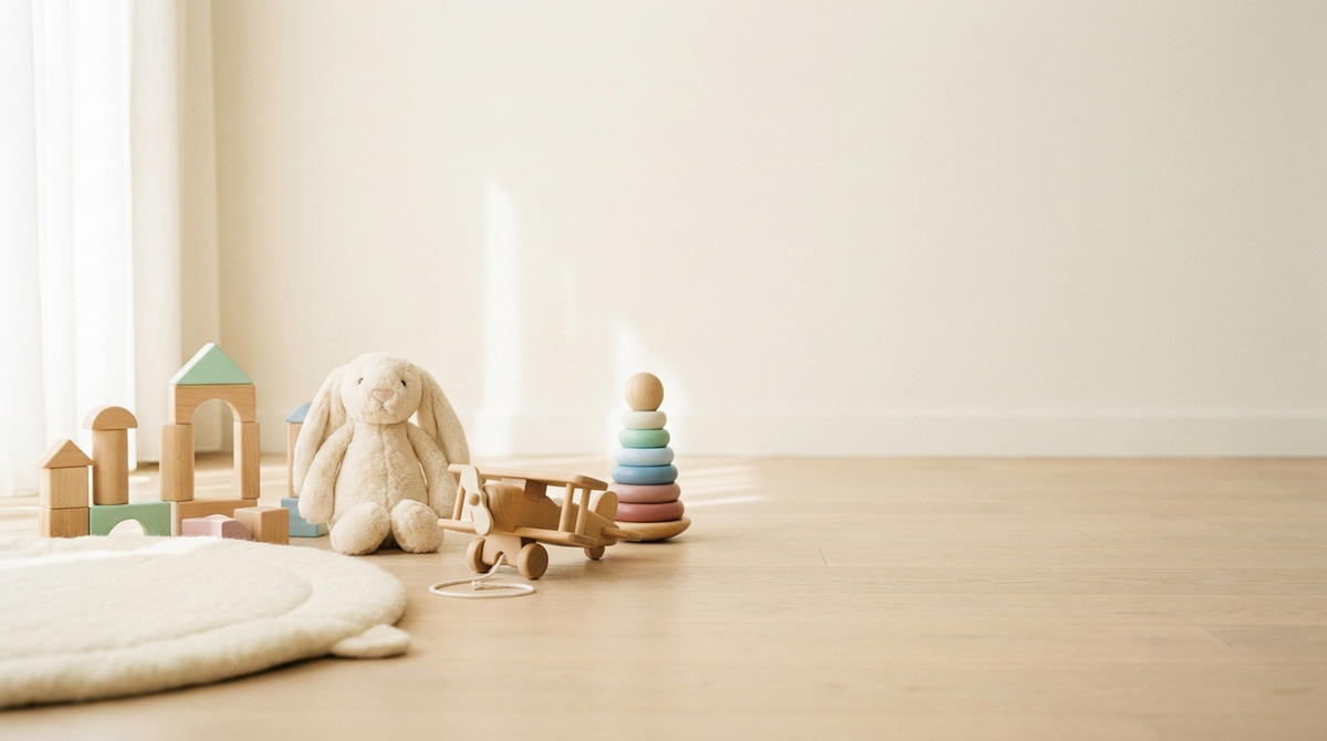 Wooden building blocks, plush bunny and stacking toy on oak floor