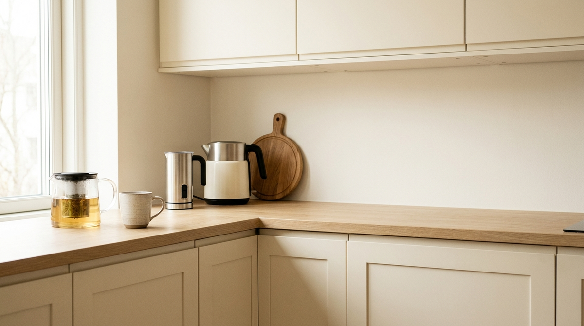 Kitchen counter with glass tea infuser, mug, frother and kettle