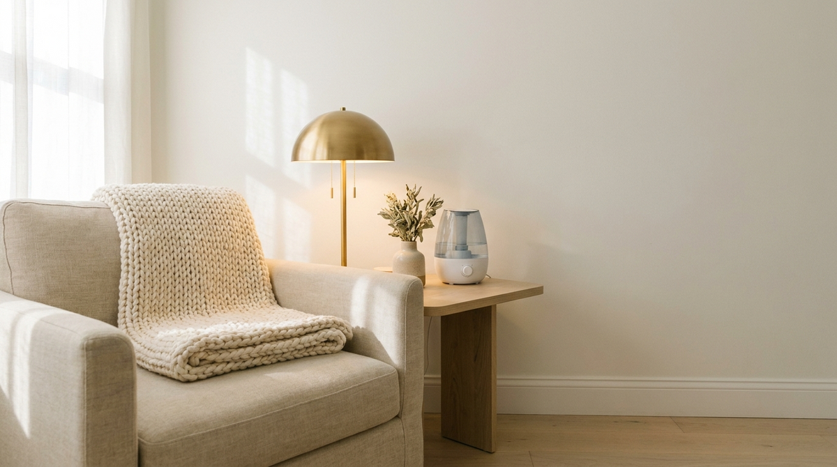 Living room corner with knit throw, brass lamp and humidifier