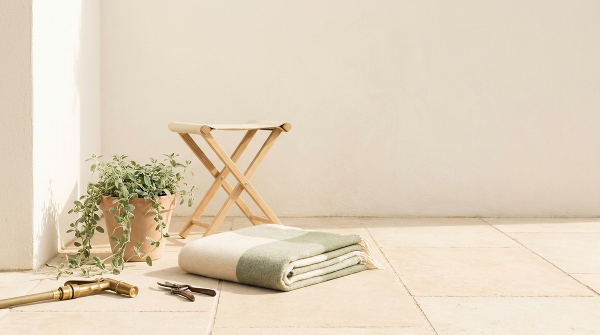 Patio corner with garden hose nozzle, pruning shears and potted plant