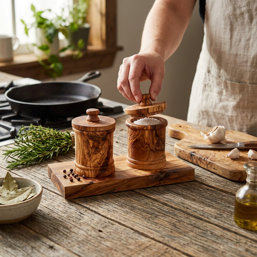 Olive Wood Kitchen Canister Set with Base