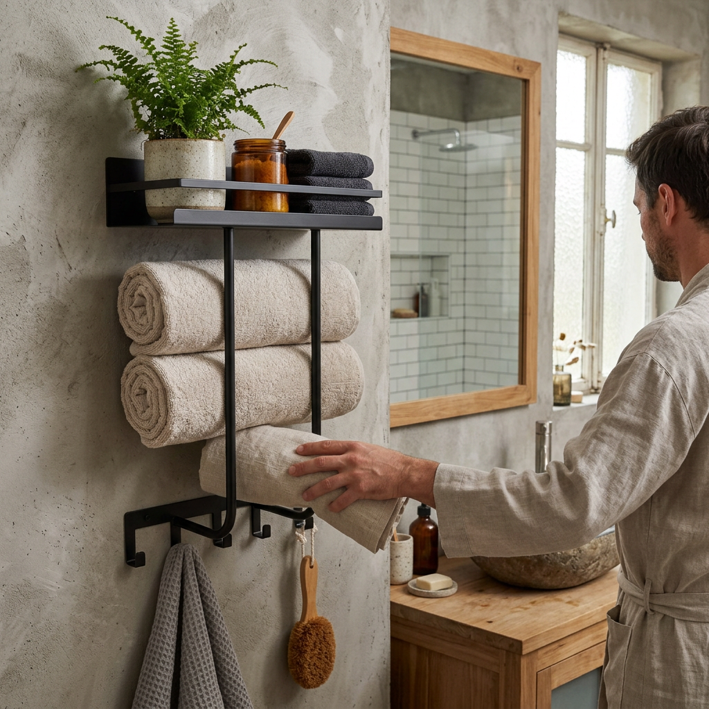 Wall Mounted Towel Rack with Shelf and 5 Hooks