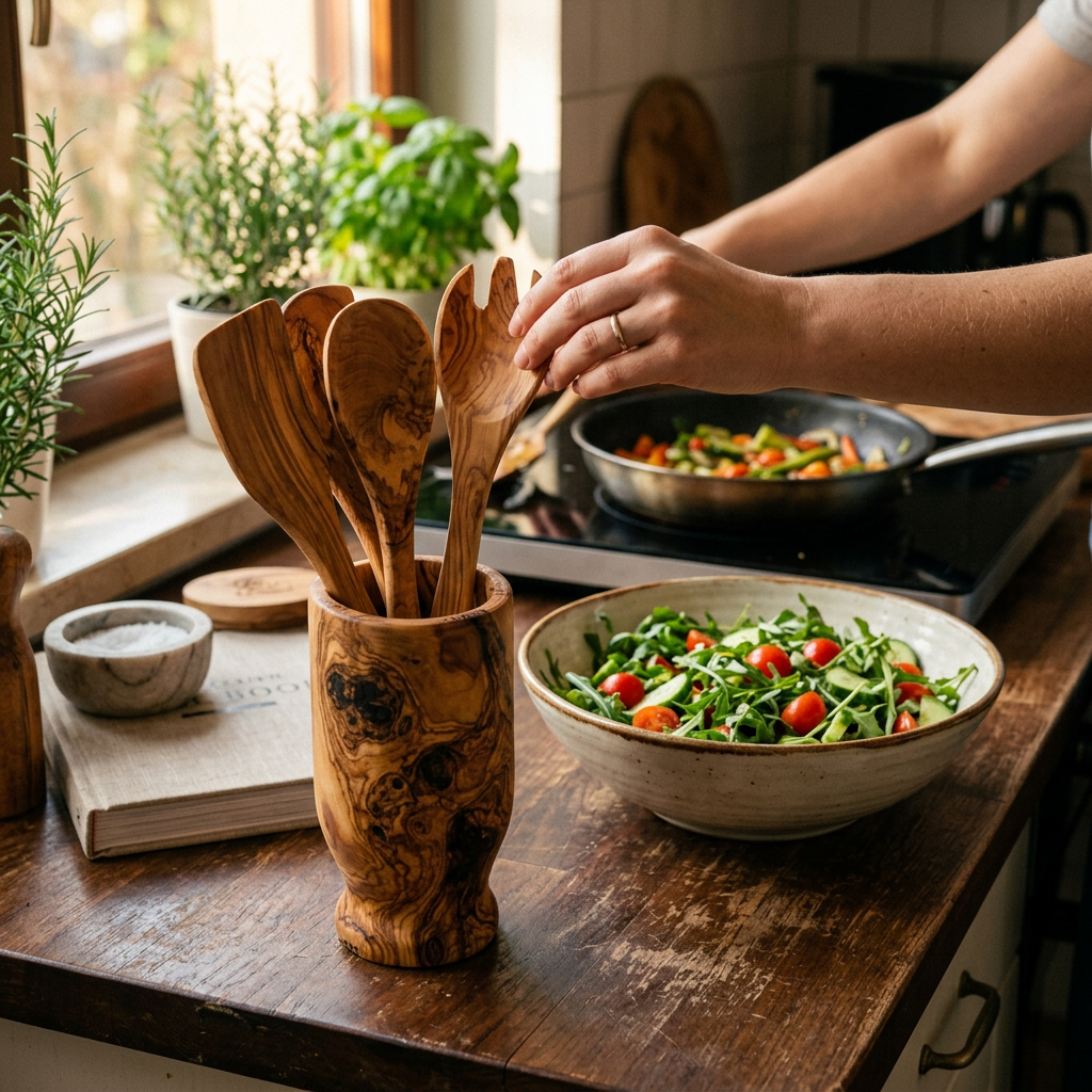 Olive Wood Serving Utensil Set with Holder