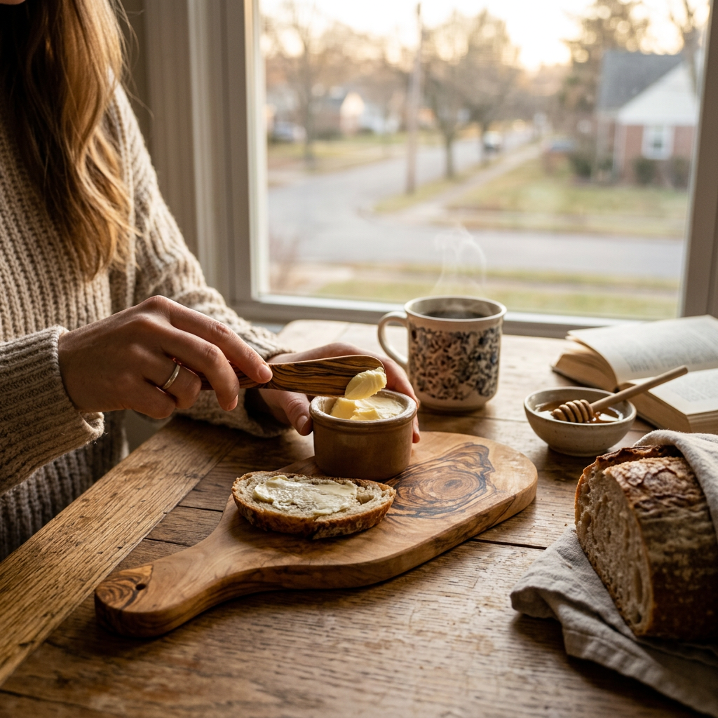 Olive Wood Bread Board and Butter Knife Set